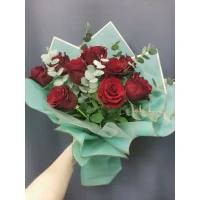9 red roses with eucalyptus
